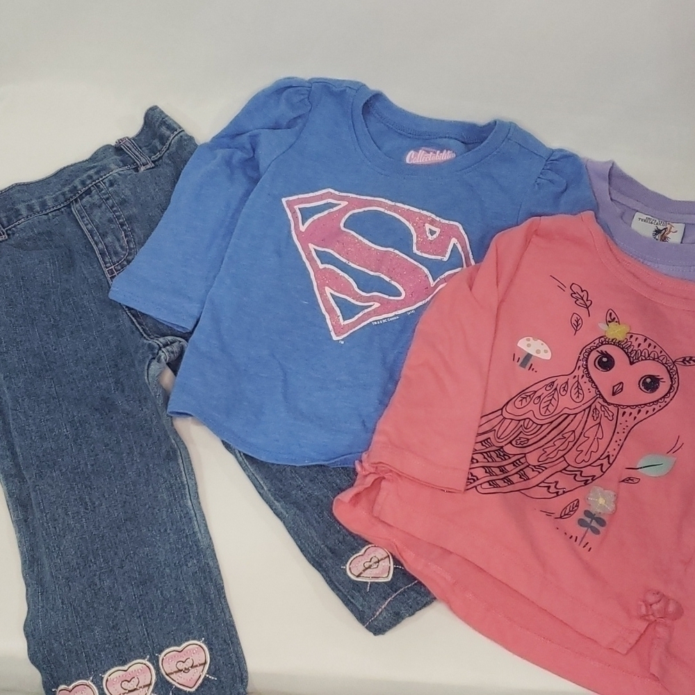 5/$30 BUNDLE of 3 T Shirts + Embroidered Jeans Elastic Supergirl Owl Long Sleeve